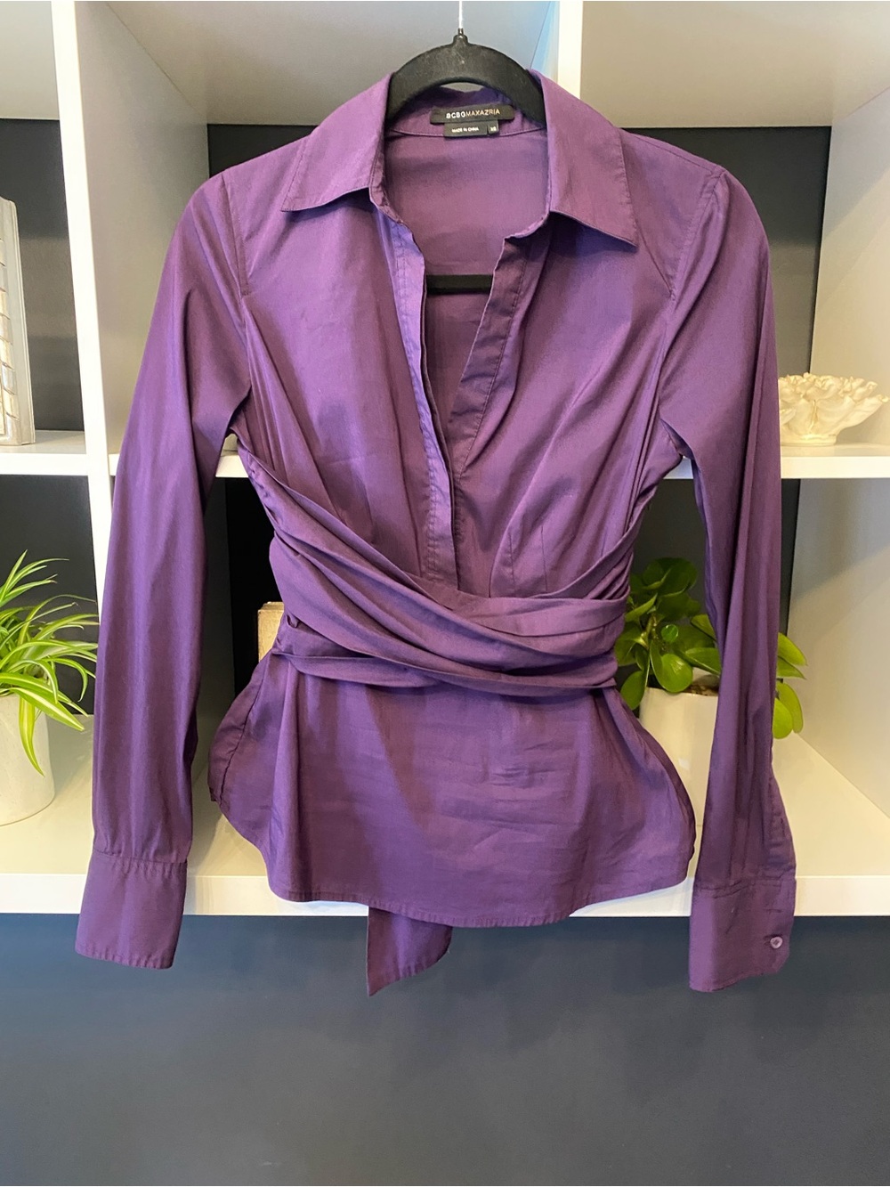 Wrap-Style Purple Half-Button Up Collared Shirt Size Small